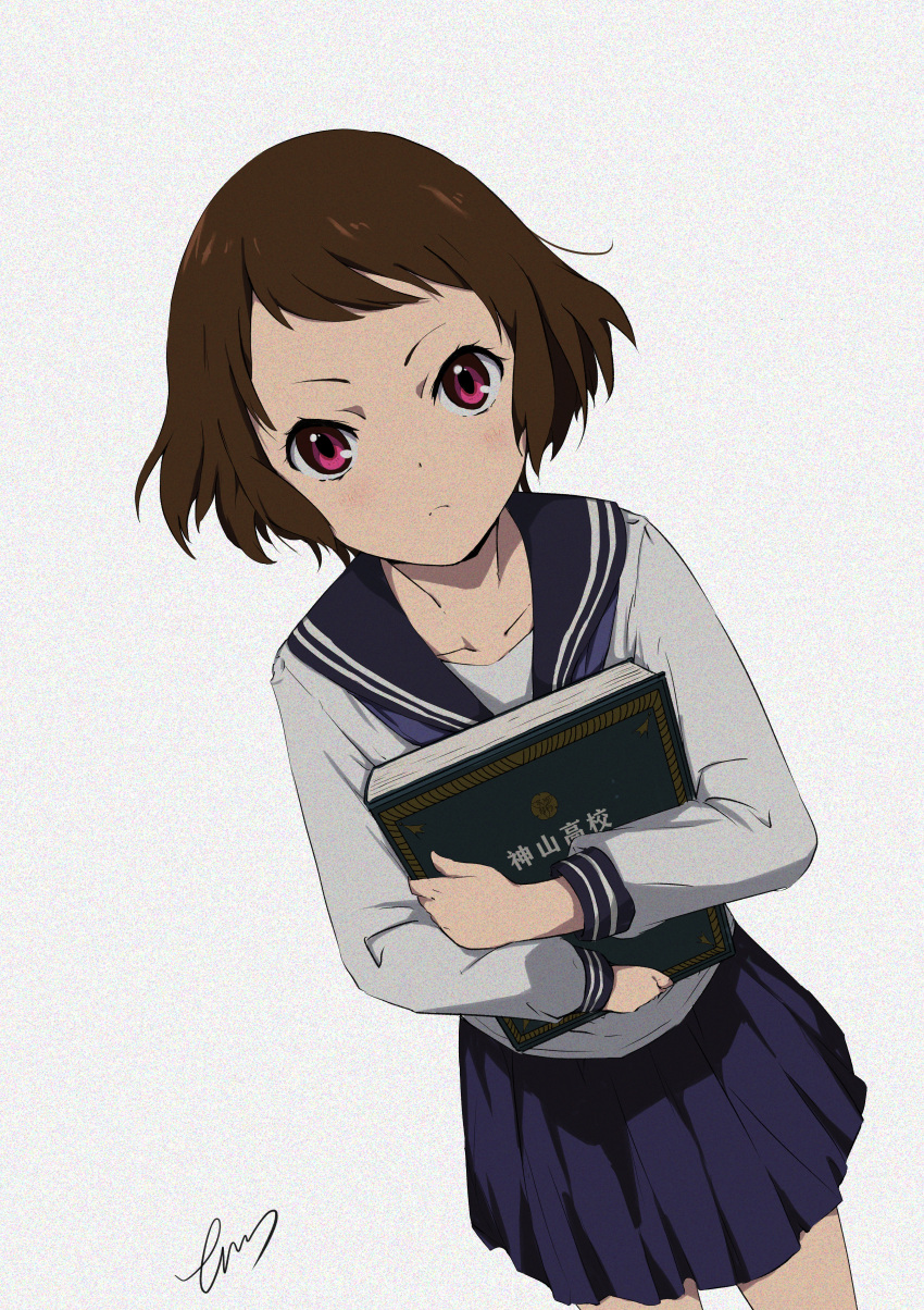 1girl absurdres artist_name bare_legs blue_neckerchief blue_sailor_collar blue_skirt book brown_hair closed_mouth collarbone commentary_request cowboy_shot error1945 expressionless highres holding holding_book hyouka ibara_mayaka kamiyama_high_school_uniform_(hyouka) long_sleeves looking_at_viewer medium_hair neckerchief pleated_skirt red_eyes sailor_collar school_uniform serafuku shirt sidelocks signature simple_background skirt solo swept_bangs white_background white_shirt