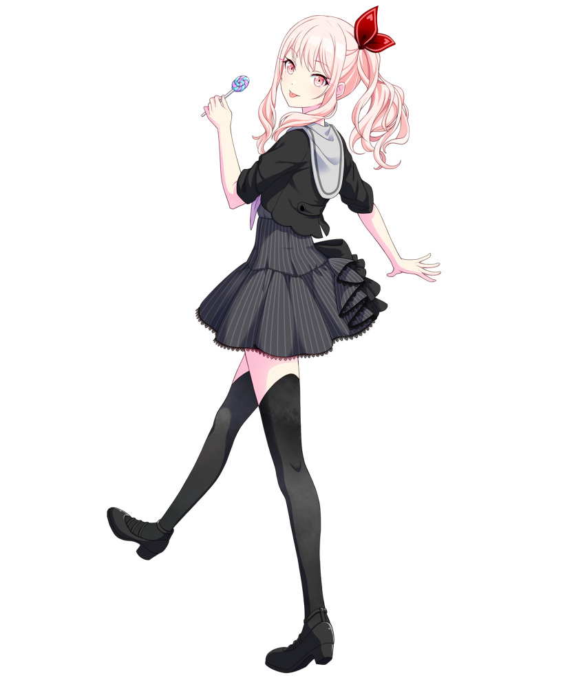 1other :p akiyama_mizuki black_footwear black_jacket black_socks candy cropped_jacket dress food from_side full_body grey_dress head_tilt highres holding holding_candy holding_food holding_lollipop jacket lollipop long_hair looking_at_viewer non-web_source official_art other_focus pink_eyes pink_hair project_sekai side_ponytail sleeves_rolled_up socks tachi-e thigh-highs tongue tongue_out