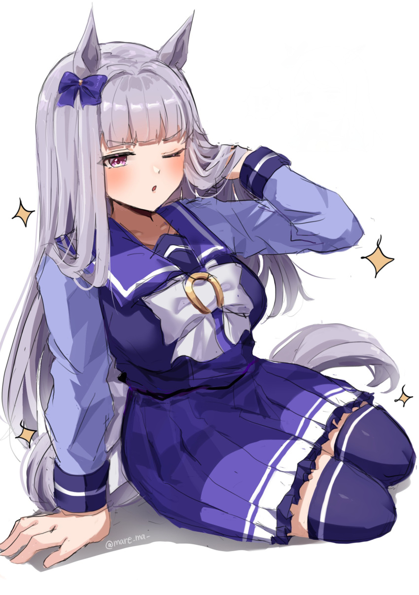1girl absurdres animal_ears blush bow breasts commentary_request ear_bow gold_ship_(umamusume) grey_hair highres horse_ears horse_girl horse_tail large_breasts long_hair long_sleeves mare_ma one_eye_closed open_mouth pleated_skirt purple_bow purple_serafuku purple_shirt purple_skirt purple_thighhighs sailor_collar school_uniform serafuku shirt simple_background sitting skirt solo sparkle tail thigh-highs tracen_school_uniform umamusume violet_eyes white_background white_bow winter_uniform yokozuwari