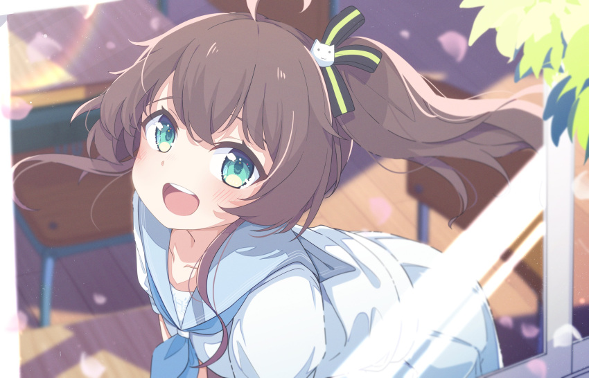 1girl :d absurdres blue_neckerchief blue_sailor_collar blurry blurry_background blush brown_hair chair commentary_request day depth_of_field desk green_eyes hair_between_eyes highres hololive indoors long_hair looking_at_viewer natsuiro_matsuri neckerchief okota_mikan petals pleated_skirt sailor_collar school_chair school_desk school_uniform serafuku shirt short_sleeves side_ponytail skirt smile solo teeth upper_teeth_only virtual_youtuber white_shirt white_skirt window wooden_floor