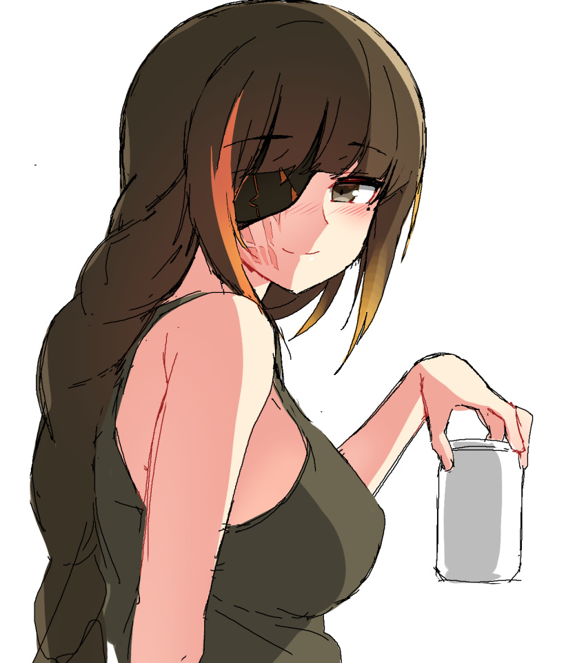 1girl alcohol bare_shoulders beer_can black_hair black_shirt black_tank_top blonde_hair blunt_bangs blush braid braided_ponytail breasts brown_eyes can closed_mouth commentary drink drink_can eyepatch girls_frontline gradient_hair hair_over_shoulder half-closed_eyes hand_up head_tilt highres holding holding_can holding_drink large_breasts leaning leaning_to_the_side long_hair looking_at_viewer m16a1_(girls'_frontline) mole mole_under_eye multicolored_hair ndgd orange_hair parted_bangs scar scar_across_eye shirt side_braid side_ponytail sidelocks simple_background sleeveless sleeveless_shirt smile solo streaked_hair tank_top very_long_hair white_background