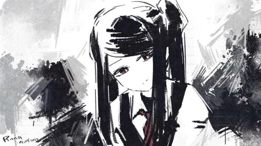 1girl :/ absurdres artist_name closed_mouth collared_shirt dated faux_traditional_media greyscale head_tilt highres jill_stingray long_hair looking_at_viewer monochrome necktie portrait red_eyes red_necktie rnna shirt sidelocks solo spot_color swept_bangs twintails va-11_hall-a vest