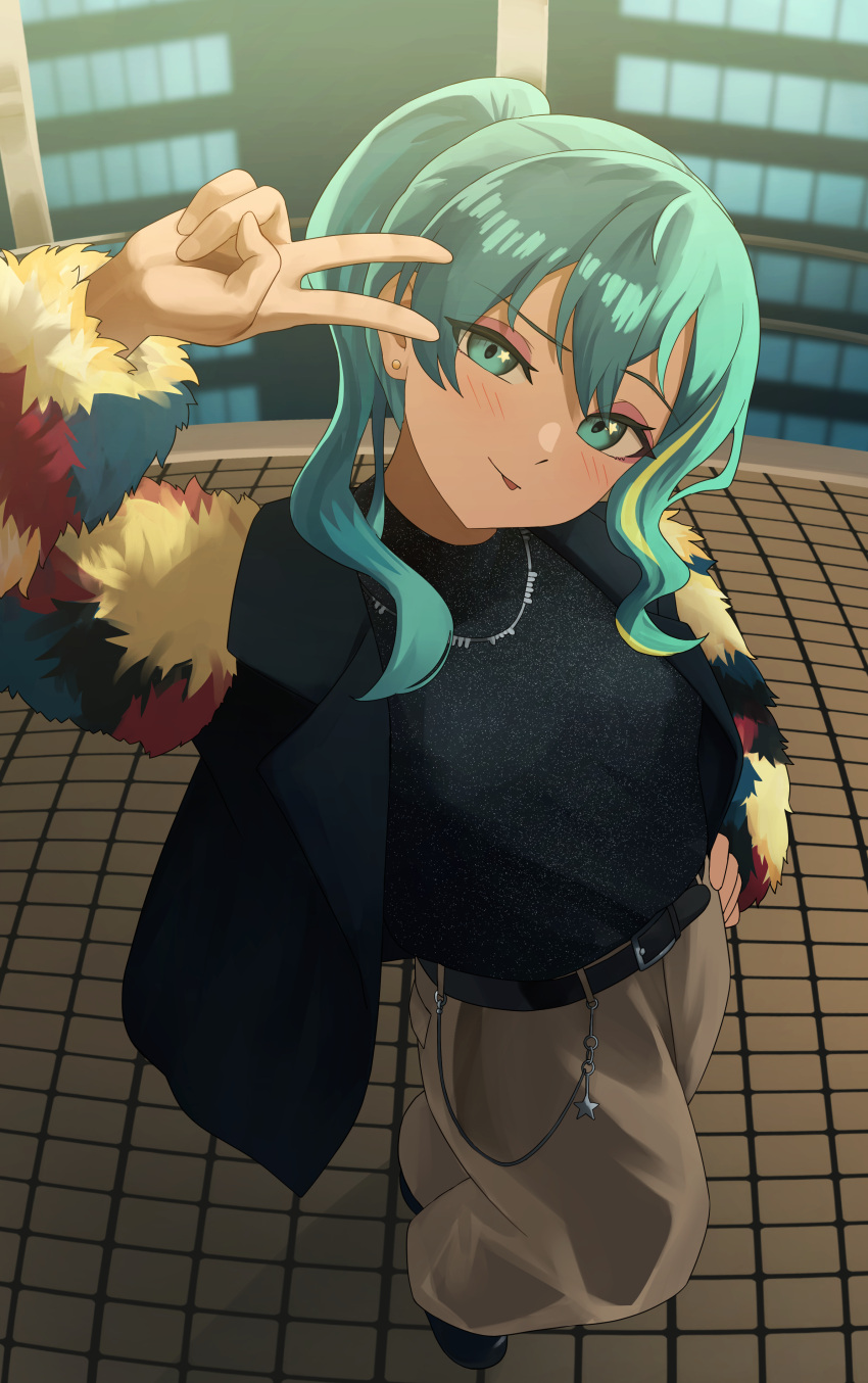 1girl :p absurdres belt bibideba_(hololive) black_belt black_shirt blue_eyes blue_hair blush brown_pants earrings from_above fur_sleeves hand_on_own_hip high_side_ponytail highres hololive hoshimachi_suisei jacket jewelry looking_at_viewer necklace pants pearlbbbb revision shirt solo star_(symbol) star_in_eye stud_earrings symbol_in_eye tongue tongue_out v virtual_youtuber