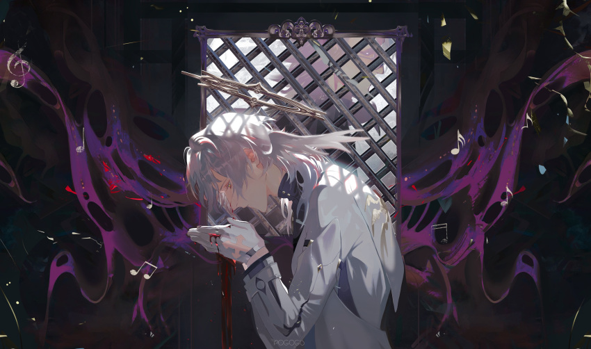 1boy absurdres artist_name blood blood_from_eyes blood_on_face blood_on_hands blue_pupils coat cupping_hands expressionless from_side gloves hair_wings hands_up highres honkai:_star_rail honkai_(series) long_sleeves looking_down male_focus medium_hair musical_note own_hands_together pogogu profile solo sunday_(honkai:_star_rail) upper_body white_coat white_gloves white_hair yellow_eyes