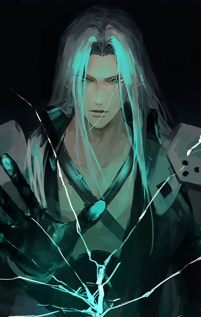 1boy absurdres armor black_background black_coat black_gloves chest_strap coat commentary_request final_fantasy final_fantasy_vii final_fantasy_vii_rebirth final_fantasy_vii_remake gloves green_eyes grey_hair highres long_hair looking_at_viewer male_focus open_hand parted_bangs parted_lips riri0114 sephiroth shoulder_armor solo upper_body
