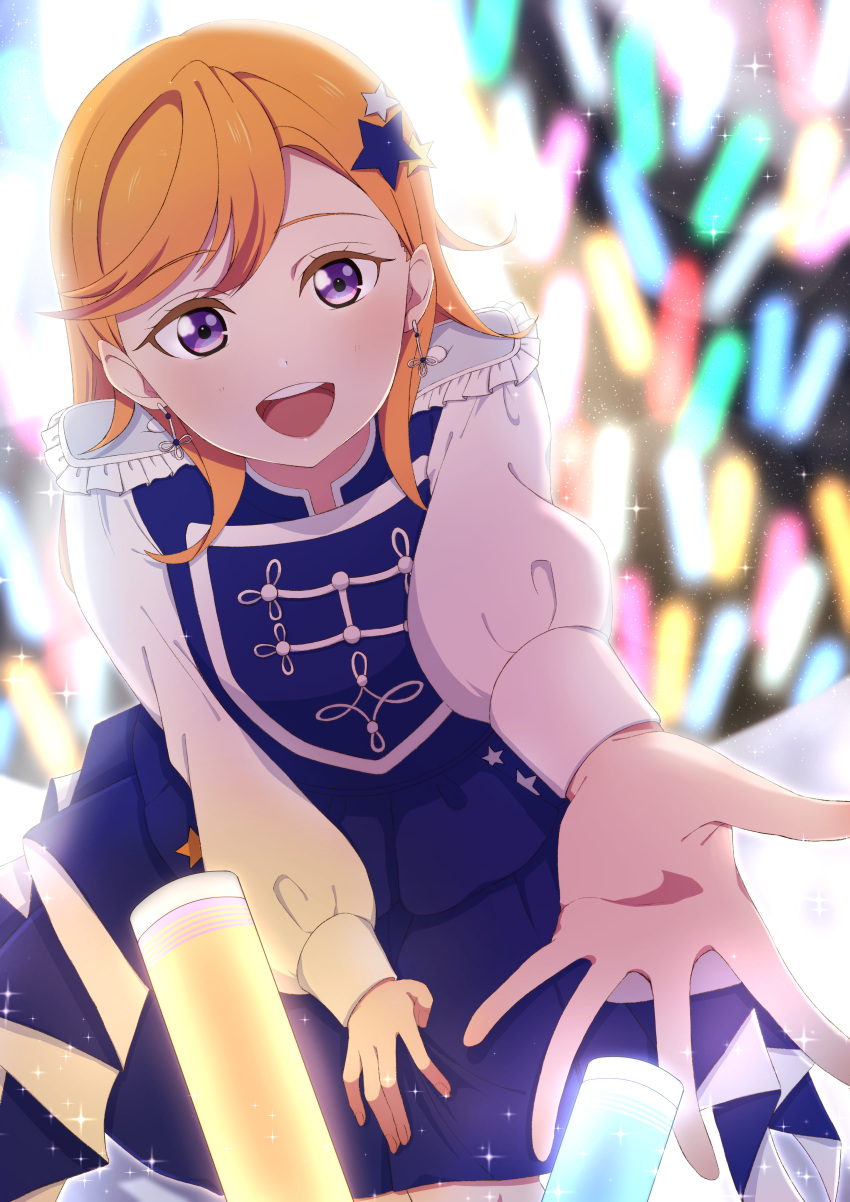 1girl absurdres commentary_request dress earrings epaulettes glowstick hair_ornament highres jewelry kayano_(hakuno) leaning_forward long_sleeves looking_at_viewer love_live! love_live!_superstar!! medium_hair open_mouth orange_hair penlight_(glowstick) purple_dress reaching reaching_towards_viewer shibuya_kanon sing!_shine!_smile! solo star_(symbol) star_hair_ornament teeth upper_body upper_teeth_only white_sleeves