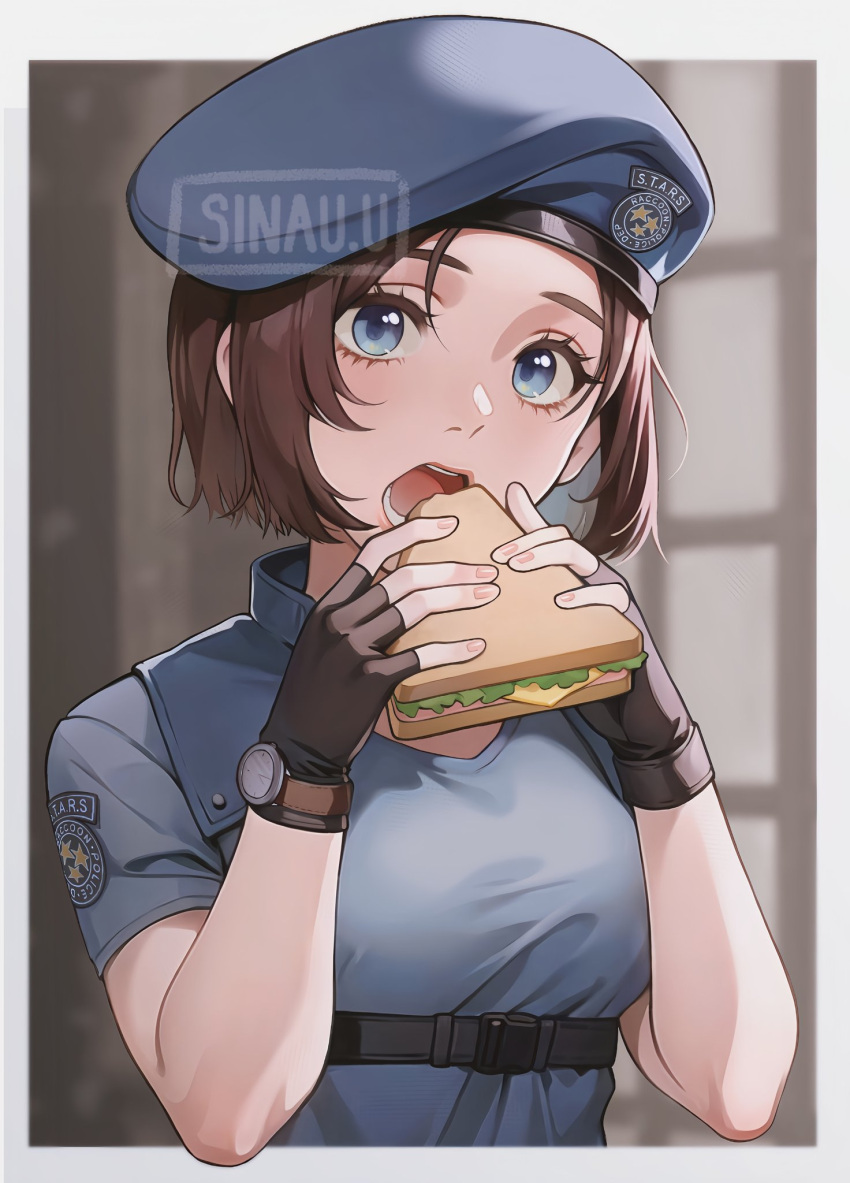 1girl beret blue_eyes blue_headwear blue_shirt blush brown_gloves brown_hair commentary english_commentary fingerless_gloves food gloves hat highres holding holding_food holster jill_valentine looking_at_viewer open_mouth police police_hat police_uniform policewoman resident_evil sandwich shirt short_hair short_sleeves shoulder_holster sinau solo underbust uniform watch watch
