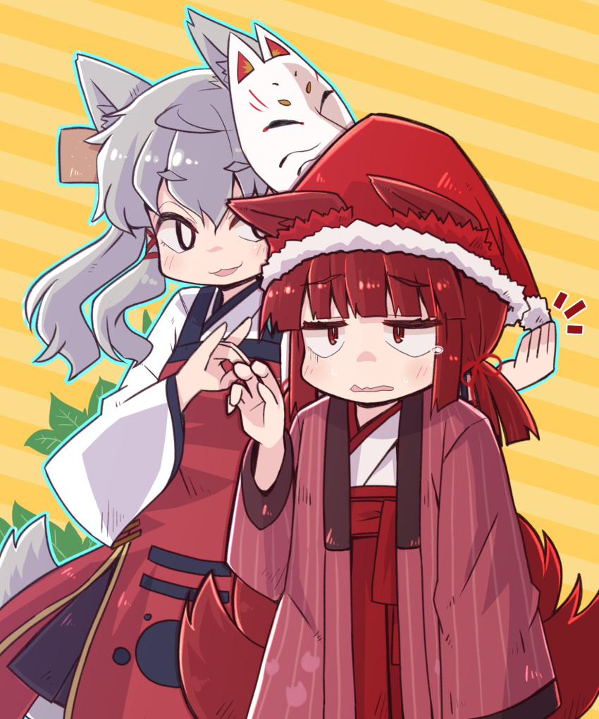 2girls :3 animal_ears apron bright_pupils christmas claw_pose commentary_request cowboy_shot fox_ears fox_girl fox_mask fox_shadow_puppet fox_tail grey_hair grey_tail hair_ribbon hakama hakama_skirt hand_on_headwear hand_up haori hat highres jacket japanese_clothes kimono light_blush long_hair long_sleeves looking_at_another mask mask_on_head multiple_girls multiple_tails notice_lines original parted_lips red_apron red_eyes red_jacket red_ribbon red_sash red_skirt red_tail redhead ribbon santa_hat sash side_slit simple_background skirt striped_background tail tearing_up twintails wavy_mouth white_kimono white_pupils wide_sleeves yellow_background yukinagi