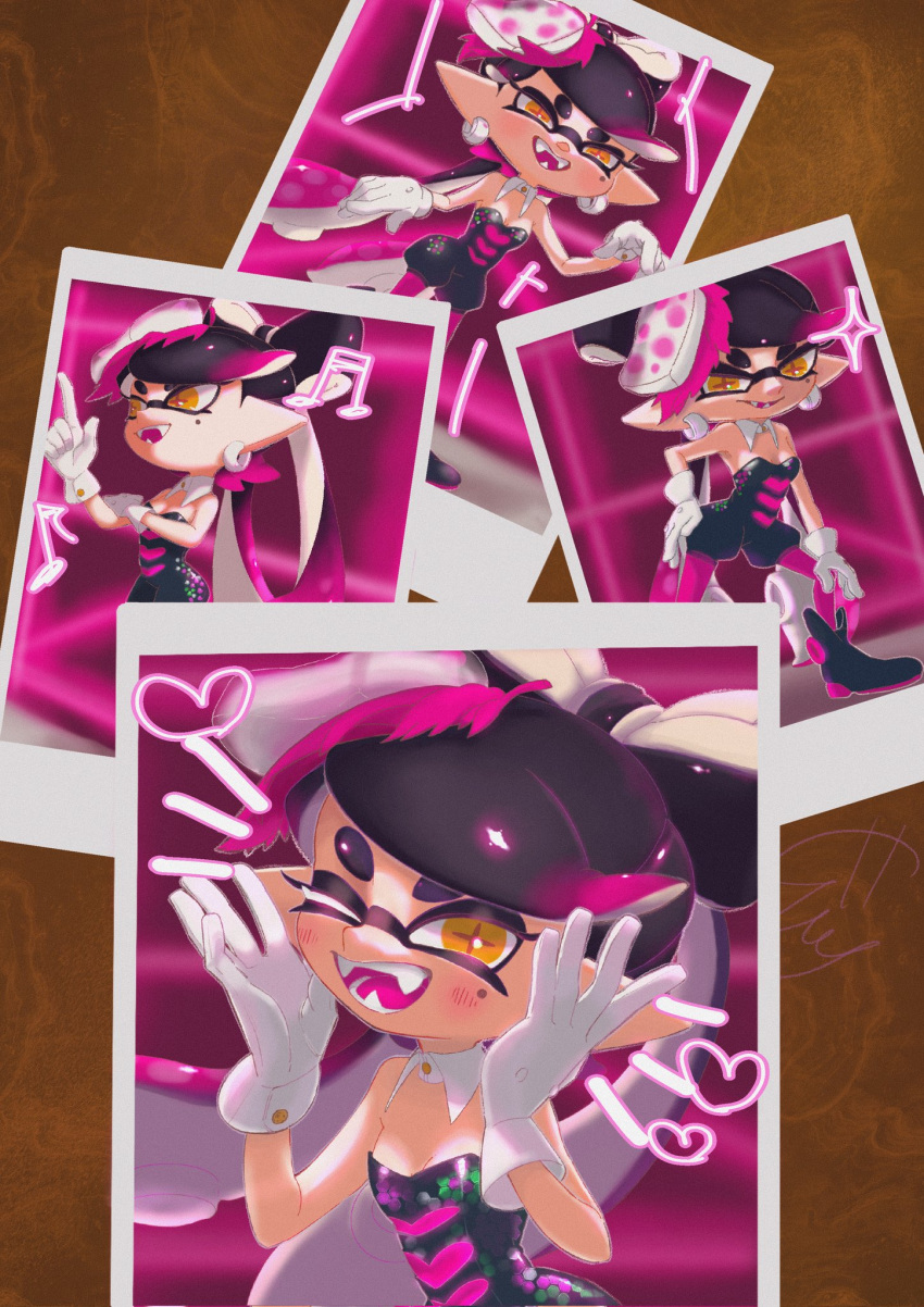 +_+ black_hair black_jumpsuit bow-shaped_hair callie_(splatoon) food food_on_head gloves highres inkling jumpsuit midopi_chi mole mole_under_eye object_on_head open_mouth pantyhose photo_(object) pink_pantyhose pointy_ears sharp_teeth short_jumpsuit splatoon_(series) splatoon_1 sushi teeth tentacle_hair white_gloves