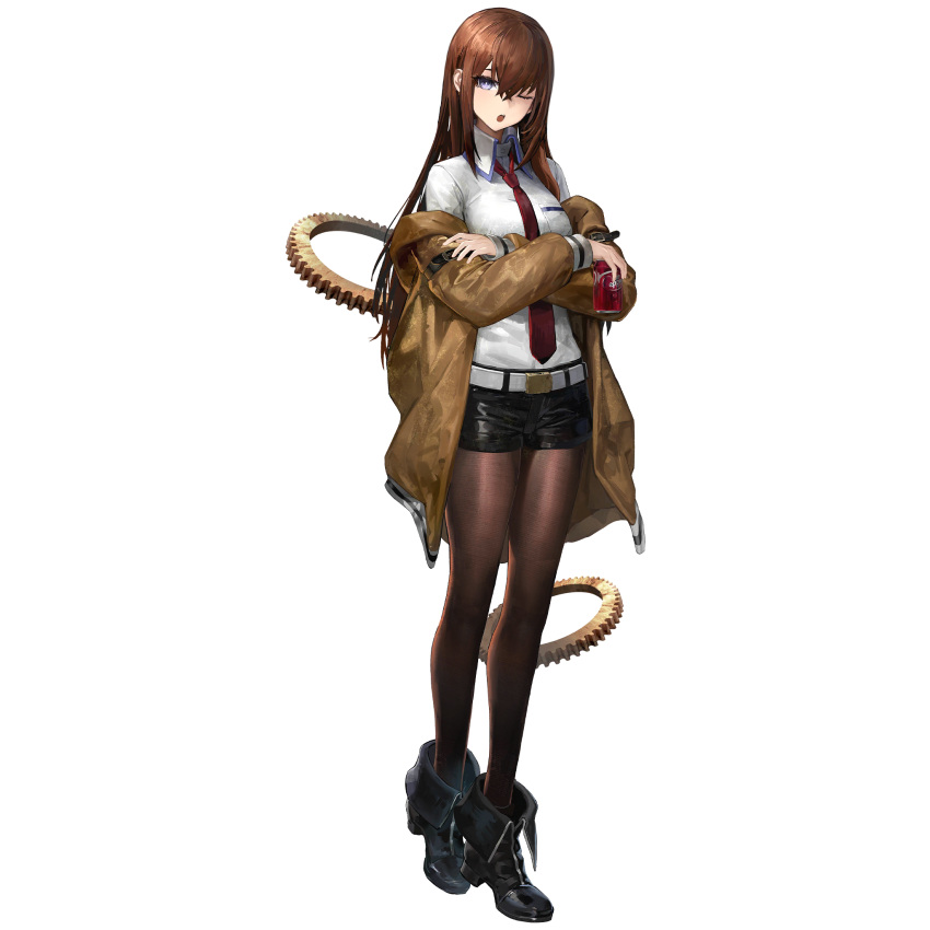 1girl belt belt_buckle black_footwear black_pantyhose black_shorts breast_pocket bright_pupils brown_hair brown_jacket buckle can crossed_arms crossed_bangs dr_pepper drink_can full_body gears girls'_frontline_neural_cloud hair_between_eyes highres holding holding_can jacket long_hair looking_at_viewer makise_kurisu necktie off_shoulder official_art one_eye_closed open_clothes open_jacket open_mouth pantyhose pantyhose_under_shorts pocket red_necktie shirt shorts sidelocks simple_background solo standing steins;gate tachi-e third-party_source transparent_background very_long_hair violet_eyes white_belt white_shirt
