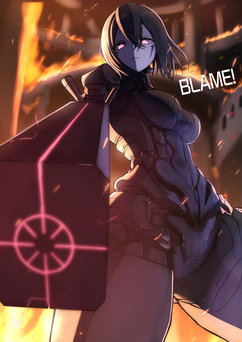 1girl absurdres aiming aiming_at_viewer android arema black_hair blame! breasts colored_skin copyright_name facial_mark graviton_beam_emitter highres medium_breasts red_eyes safeguard_(blame!) sanakan science_fiction short_hair standing white_skin
