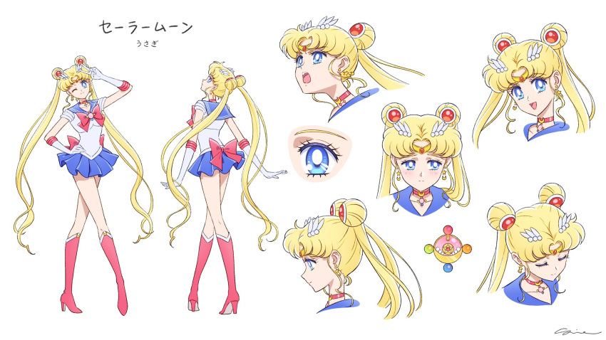1girl back_bow bishoujo_senshi_sailor_moon blonde_hair blue_eyes blue_sailor_collar blue_skirt boots bow bowtie choker circlet close-up closed_eyes commentary crescent crescent_earrings double_bun earrings english_commentary full_body hair_bun hand_on_own_hip high_heel_boots high_heels highres jewelry knee_boots long_hair looking_at_viewer looking_to_the_side miniskirt multiple_views open_eyes open_mouth pleated_skirt profile red_bow red_bowtie red_choker red_footwear reference_sheet sailor_collar sailor_moon sailor_senshi sailor_senshi_uniform sidney_deng simple_background skirt standing star_(symbol) star_earrings teeth tsukino_usagi twintails upper_body upper_teeth_only v white_background