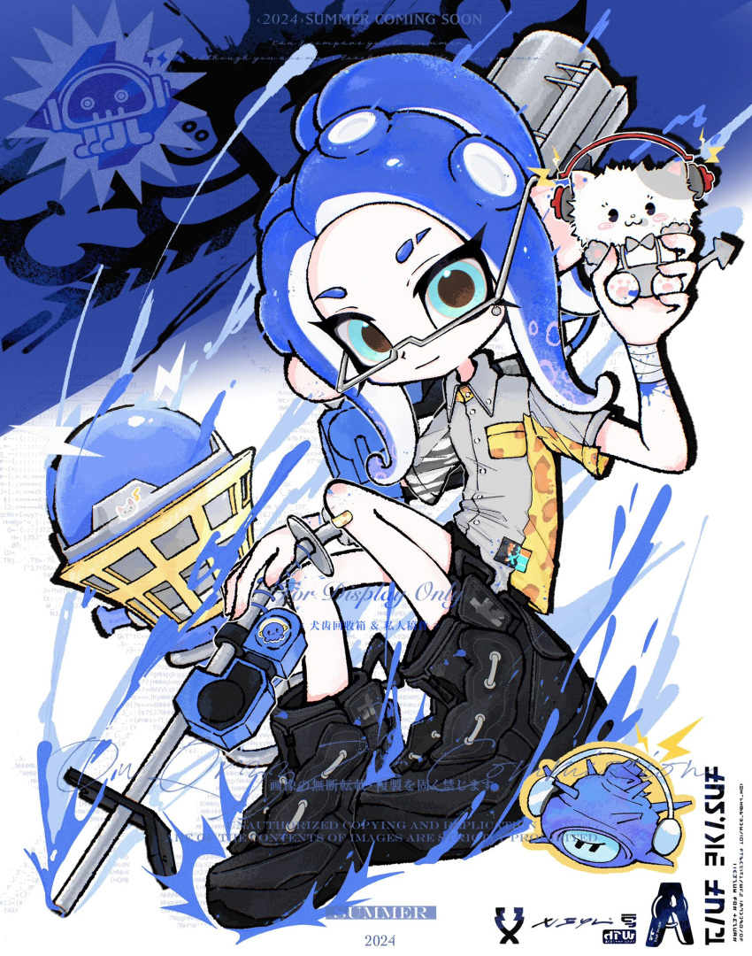 1girl bandaged_wrist bandages black_footwear blue_eyes blue_hair closed_mouth commentary dame_ot e-liter_4k_(splatoon) eyebrow_cut glasses high_tops highres li'l_judd_(splatoon) long_hair looking_at_viewer octoling octoling_girl octoling_player_character shoes smile sneakers solo splatoon_(series) splatoon_3 tentacle_hair wave_breaker_(splatoon)