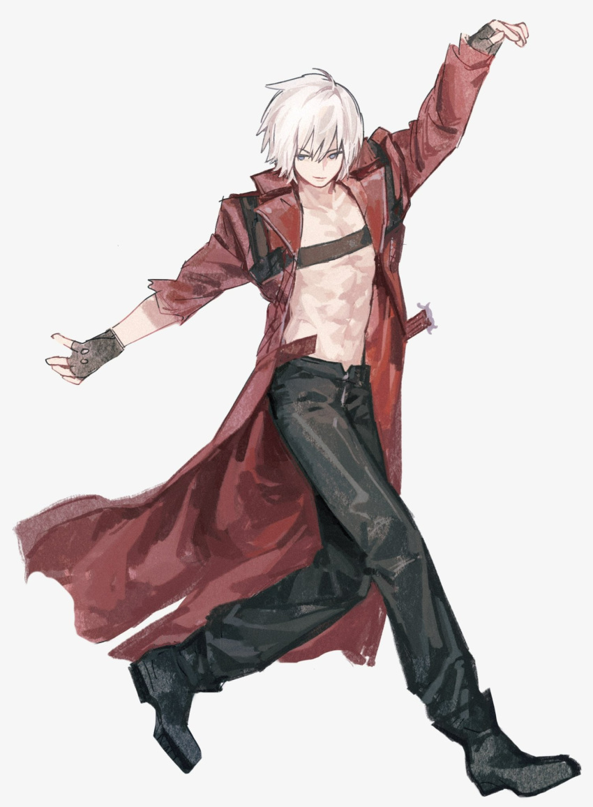 1boy belt_bra coat dante_(devil_may_cry) devil_may_cry_(series) devil_may_cry_3 fingerless_gloves full_body gloves highres long_hair male_focus masukawagen red_coat simple_background solo upper_body white_background white_hair