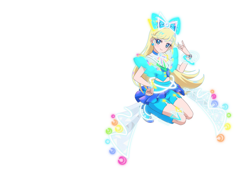 1girl blonde_hair blue_bow blue_eyes blue_footwear blue_shirt blue_shorts boots bow closed_mouth crescent earrings full_body hair_bow hand_on_own_hip hand_up highres himitsu_no_aipri hoshikawa_mitsuki jewelry knee_boots long_hair looking_at_viewer midriff official_art pretty_series second-party_source shirt shorts smile solo squatting