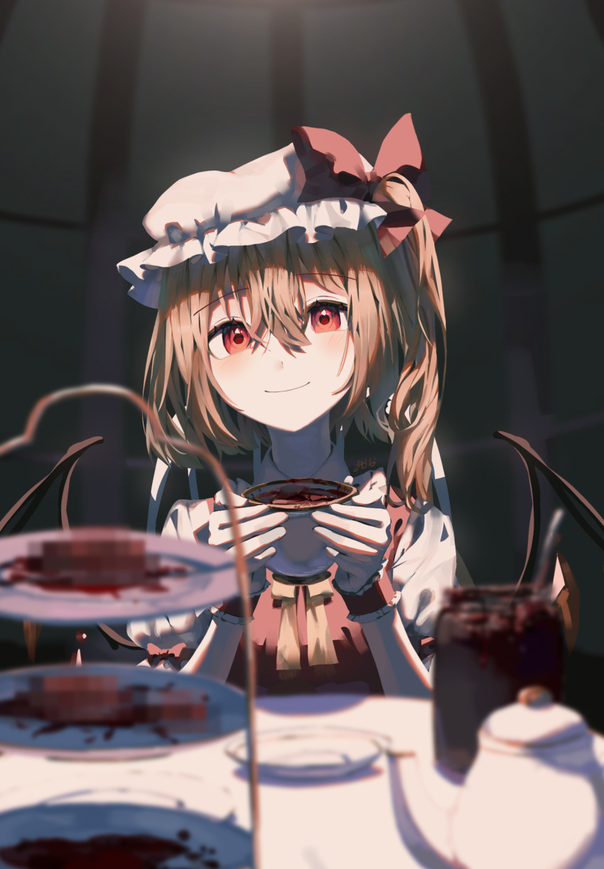 1girl ascot blonde_hair cup flandre_scarlet hair_ribbon hat highres holding holding_cup looking_at_viewer mob_cap osakana red_eyes red_ribbon ribbon smile solo table tea_party touhou yellow_ascot