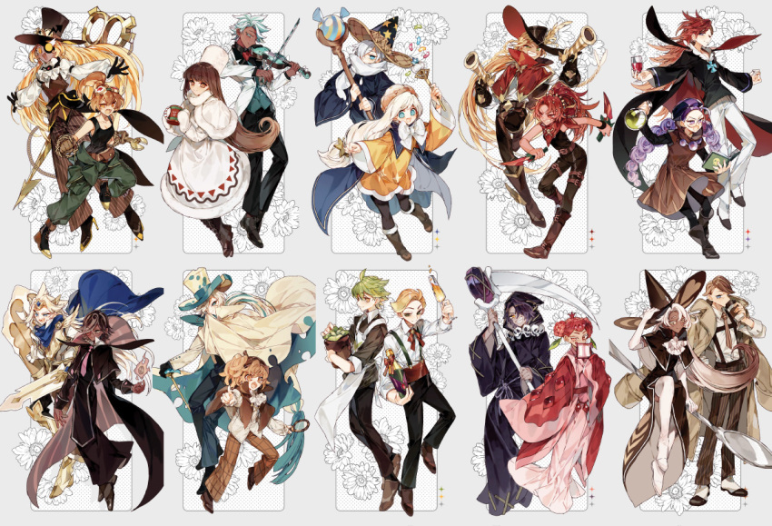 6+boys 6+girls ahoge alchemist_cookie almond_cookie black_pantyhose black_shirt blue_cape brother_and_sister brown_cape brown_dress cape chili_pepper_cookie cocoa_cookie cookie_run cream_puff_cookie croissant_cookie cup dark-skinned_female dark-skinned_male dark_skin dress dual_wielding espresso_cookie flask flower_pot food-themed_hat full_body gloves goggles goggles_on_head green_hair green_pants grin herb_cookie high_ponytail holding holding_cup holding_flask holding_flower_pot holding_scythe holding_staff holding_wand humanization instrument latte_cookie licorice_cookie long_hair long_sleeves looking_at_viewer low-tied_long_hair madeleine_cookie mint_choco_cookie mug multiple_boys multiple_girls open_mouth paladin pants pantyhose pomegranate_cookie red_eyes redhead roguefort_cookie rye_cookie sapphire_(nine) scarf scissors scythe shirt siblings smile sparkling_cookie spoon staff timekeeper_cookie vampire_cookie very_long_hair violin walnut_cookie wand white_dress white_gloves white_hair white_hat white_pants white_scarf wizard_cookie yellow_dress