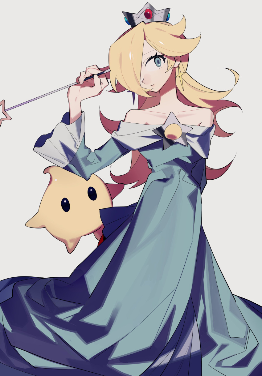 1girl absurdres aqua_dress aqua_eyes arm_behind_back blonde_hair closed_mouth collarbone crown dress earrings grey_background hair_over_one_eye hand_up higa423 highres holding holding_wand jewelry light_smile long_dress long_hair long_sleeves looking_at_viewer luma_(mario) off-shoulder_dress off_shoulder rosalina solo star_(symbol) star_earrings super_mario_bros. super_mario_galaxy wand