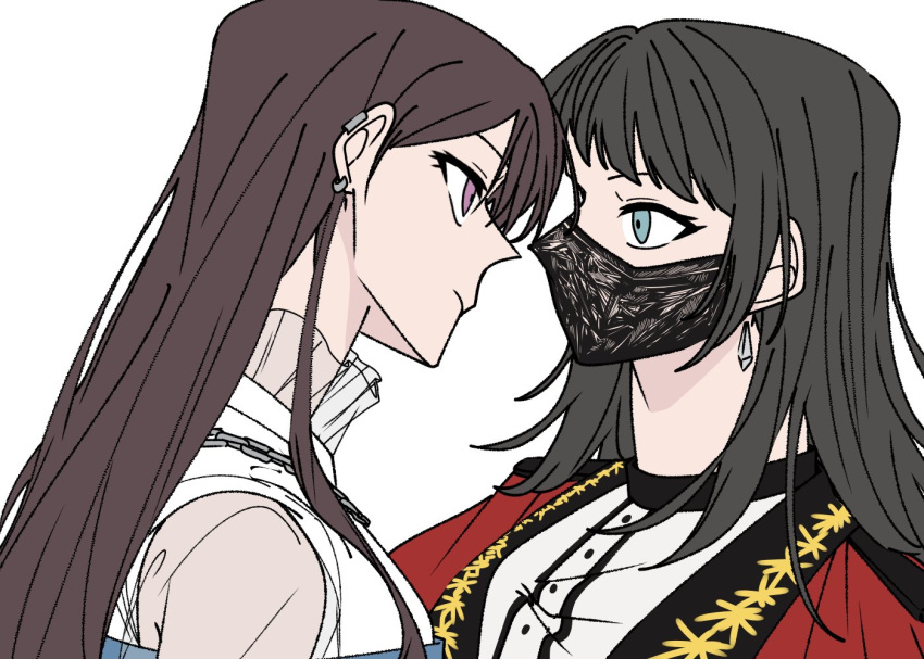2girls a_jak bang_dream! bang_dream!_it's_mygo!!!!! black_hair black_mask blue_eyes brown_hair chain_necklace closed_mouth commentary_request ear_piercing earclip earrings eye_contact jacket jewelry korean_commentary long_hair looking_at_another mask mouth_mask multiple_girls necklace piercing red_jacket shiina_taki shirt simple_background upper_body violet_eyes white_background white_shirt yahata_umiri yuri
