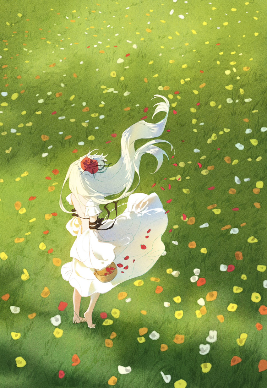 1girl backless_dress backless_outfit bare_back barefoot basket chinese_commentary commentary coquelic_(path_to_nowhere) detached_sleeves dress floating_hair flower from_above from_behind full_body hair_flower hair_ornament highres long_hair luori_dianxin meadow median_furrow path_to_nowhere petals red_flower solo white_dress white_hair white_sleeves wind wind_lift