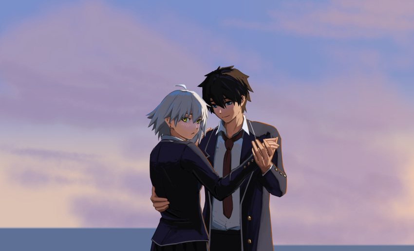 1boy 1girl absurdres ahoge black_pants black_skirt blue_eyes blue_jacket blush brown_necktie buttons closed_mouth clouds collared_shirt commentary_request dancing fate/grand_order fate_(series) fujimaru_ritsuka_(male) grey_hair hair_between_eyes hand_on_another's_hip highres holding_hands jacket jeanne_d'arc_alter_(fate) long_sleeves looking_at_another necktie official_alternate_costume open_clothes open_jacket pants paperpillar school_uniform shirt short_hair skirt sky smile waltz_(dance) white_shirt yellow_eyes