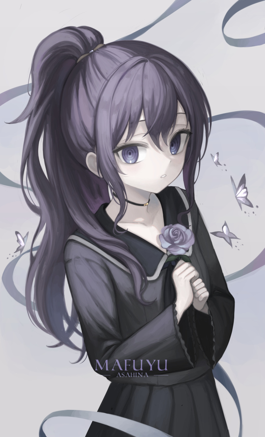 1girl absurdres asahina_mafuyu bug butterfly character_name choker collared_shirt commentary flower highres holding holding_flower kkamkkam long_hair long_sleeves looking_at_viewer parted_lips pleated_skirt ponytail project_sekai purple_flower purple_hair purple_rose ribbon ringed_eyes rose shirt skirt solo violet_eyes