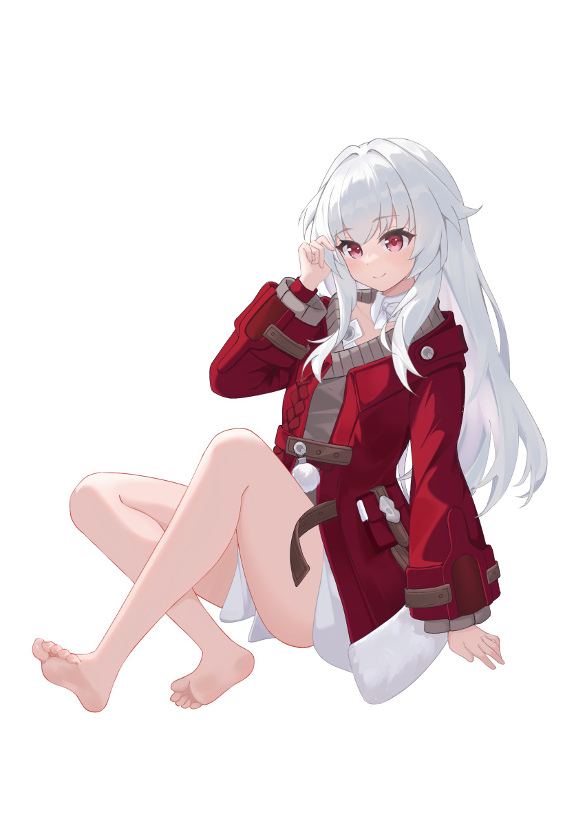 1girl absurdres bare_legs barefoot breasts brown_sweater clara_(honkai:_star_rail) closed_mouth coat collar commentary crossed_legs eyebrows_hidden_by_hair feet full_body hair_between_eyes hand_in_own_hair highres honkai:_star_rail honkai_(series) kurosti legs long_hair looking_down nail_polish pouch red_coat red_eyes simple_background sitting small_breasts smile soles solo sweater toenail_polish toenails toes white_background white_collar white_hair