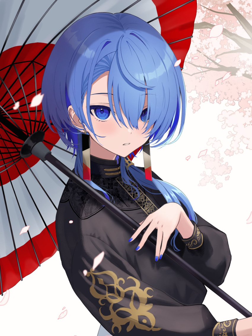 1girl black_dress blue_eyes blue_hair blue_nails cherry_blossoms commentary_request dress falling_petals hair_between_eyes hair_over_one_eye haruwo highres holding holding_umbrella hololive hoshimachi_suisei hoshimachi_suisei_(8th_costume) long_hair long_sleeves looking_at_viewer official_alternate_costume oil-paper_umbrella parted_lips petals solo umbrella upper_body variant_set