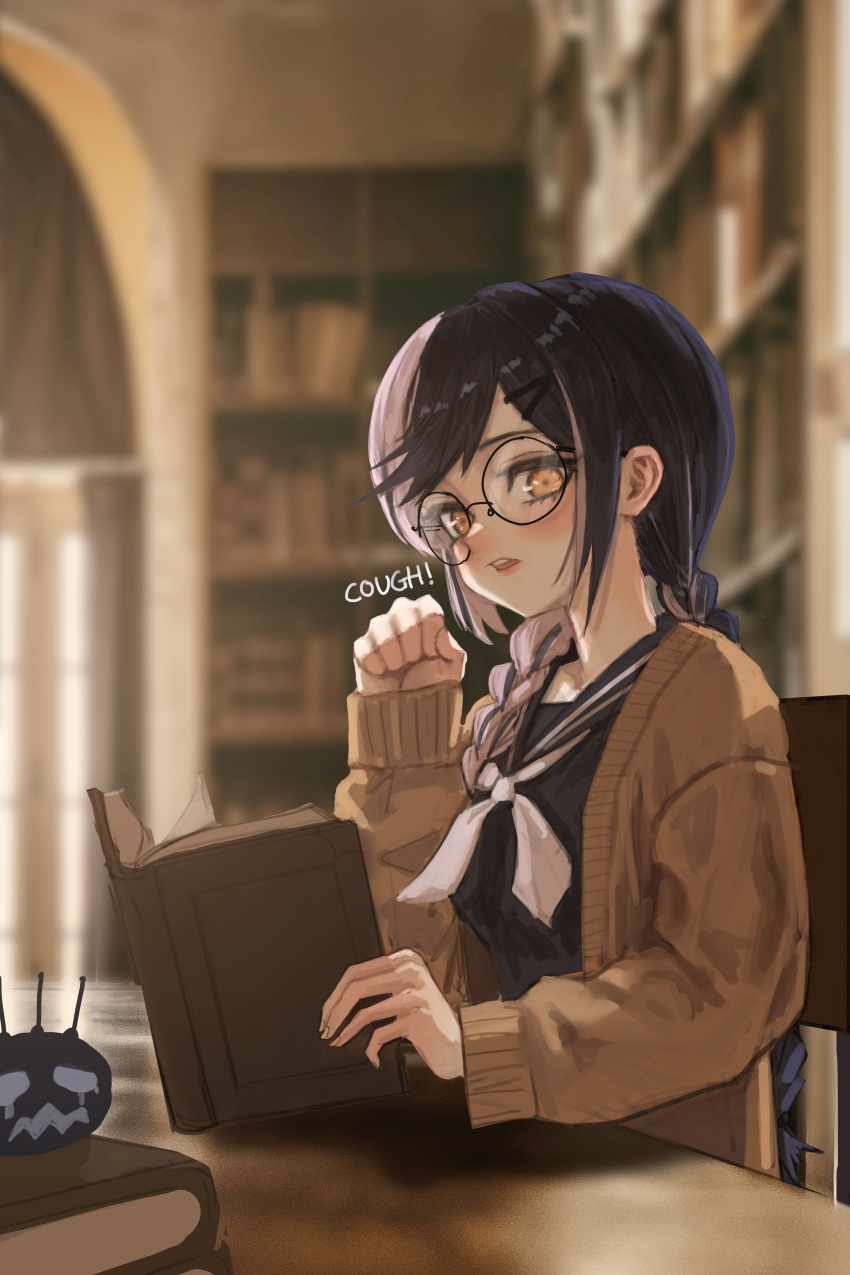 1girl absurdres black_shirt blurry blurry_background book braid brown_jacket brown_yees coughing failose hair_ornament hairclip highres hololive indoors jacket long_hair long_sleeves neckerchief open_book shiori_novella shirt simple_background sitting table twin_braids virtual_youtuber white_neckerchief