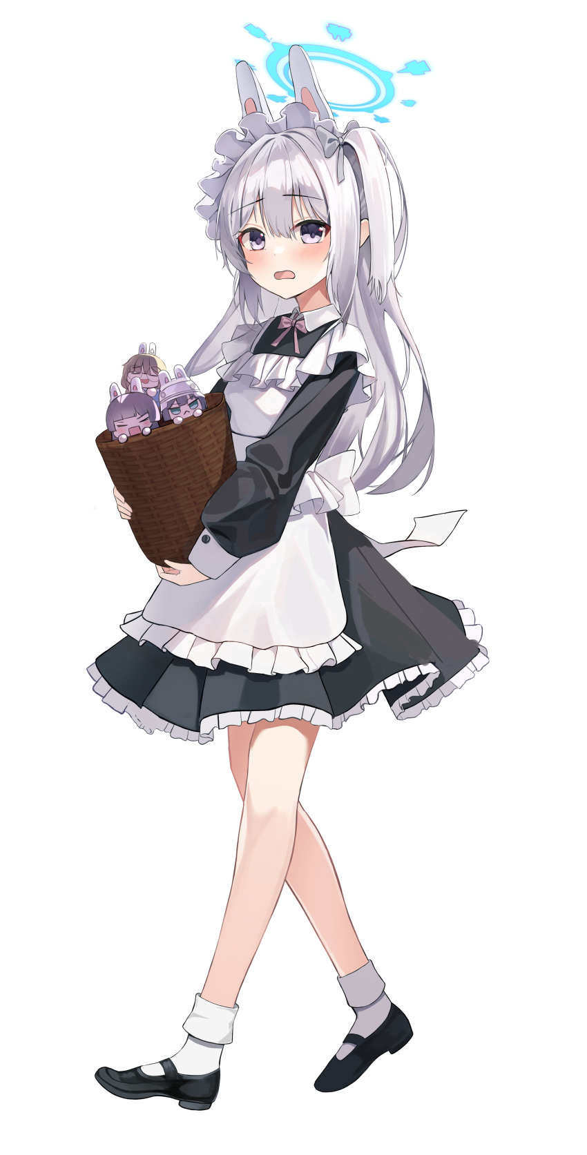 4girls absurdres alternate_costume animal_ears apron basket black_dress black_footwear blue_archive blue_halo blush dress enmaided fake_animal_ears frilled_apron frilled_dress frills full_body grey_hair halo highres holding holding_basket leepy long_hair long_sleeves looking_at_viewer maid maid_apron maid_headdress mini_person minigirl miyako_(blue_archive) miyu_(blue_archive) moe_(blue_archive) multiple_girls one_side_up open_mouth rabbit_ears rabbit_platoon_(blue_archive) saki_(blue_archive) shoes simple_background socks violet_eyes white_apron white_background white_socks