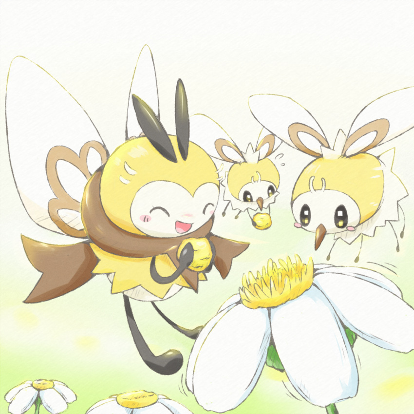 :d ^_^ blush_stickers closed_eyes commentary_request cutiefly evolutionary_line flower flying_sweatdrops highres holding kinakomochi_(kazuna922) looking_down no_humans open_mouth pokemon pokemon_(creature) ribombee smile white_flower