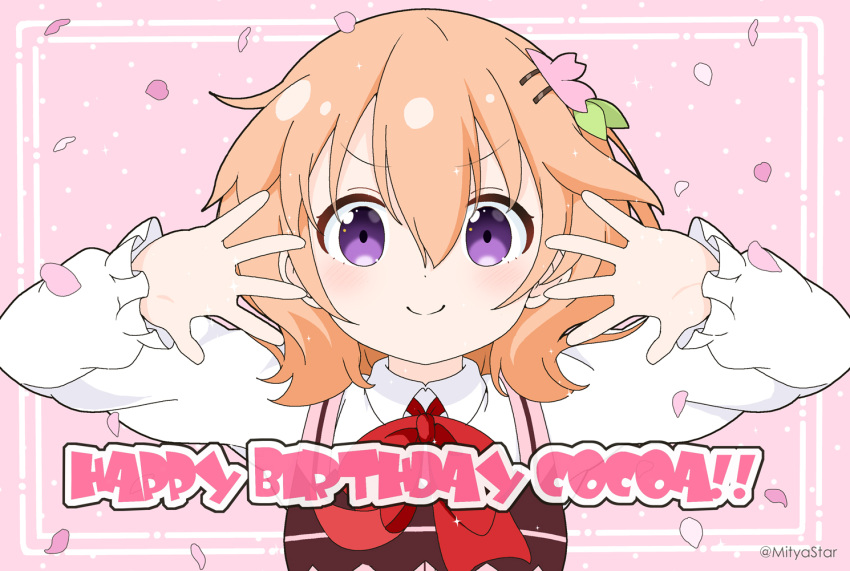 1girl brown_hair character_name closed_mouth commentary_request gochuumon_wa_usagi_desu_ka? hair_between_eyes hair_ornament hairclip hands_up happy_birthday hoto_cocoa long_sleeves looking_at_viewer mitya petals pink_background pink_vest puffy_long_sleeves puffy_sleeves rabbit_house_uniform shirt smile solo twitter_username uniform upper_body v-shaped_eyebrows vest violet_eyes waitress white_shirt