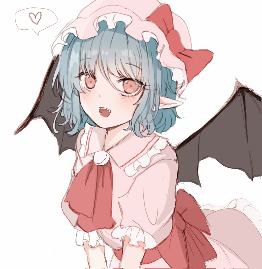1girl :d bat_wings blue_hair blush bow bowtie dress hat heart highres looking_at_viewer mob_cap one-hour_drawing_challenge open_mouth pink_dress pink_eyes pointy_ears remilia_scarlet sharp_teeth smile solo speech_bubble sssoomm112 teeth touhou vampire wings