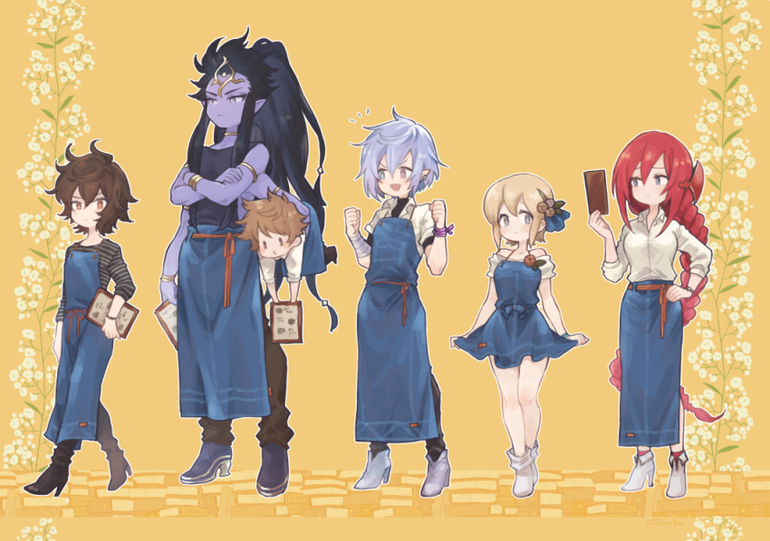 2girls 4boys :d ahoge apron apron_tug armlet bandaged_arm bandages bare_shoulders bishounen black_footwear black_hair blonde_hair blue_apron boots borrowed_clothes bracelet braid breasts brown_hair carrying carrying_person carrying_under_arm colored_skin commentary commentary_request dress_shirt europa_(granblue_fantasy) expressionless extra_arms floral_background flower frilled_apron frills full_body godsworn_alexiel gran_(granblue_fantasy) granblue_fantasy grey_eyes grimnir_(granblue_fantasy) gucha_(netsu) hair_between_eyes hair_flower hair_ornament heterochromia high_heel_boots high_heels high_ponytail holding holding_menu jewelry long_hair looking_to_the_side medium_breasts menu messy_hair multiple_boys multiple_girls off_shoulder official_alternate_costume pointy_ears purple_hair purple_skin red_eyes redhead sandalphon_(granblue_fantasy) sandalphon_(server_of_a_sublime_brew)_(granblue_fantasy) shirt shiva_(granblue_fantasy) short_hair sidelocks size_difference sleeveless sleeveless_shirt smile striped_clothes striped_shirt vertical-striped_clothes vertical-striped_shirt very_long_hair waist_apron white_footwear yellow_background