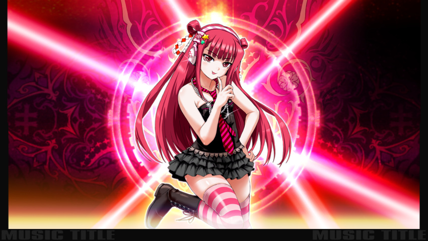 1girl bare_shoulders beatmania_iidx black_skirt boots breasts goli_matsumoto headphones long_hair necktie non-web_source official_art pink_eyes pink_hair red_eyes red_hair skirt small_breasts smirk solo striped_clothes striped_necktie striped_thighhighs thigh-highs tongue tongue_out umegiri_ameto