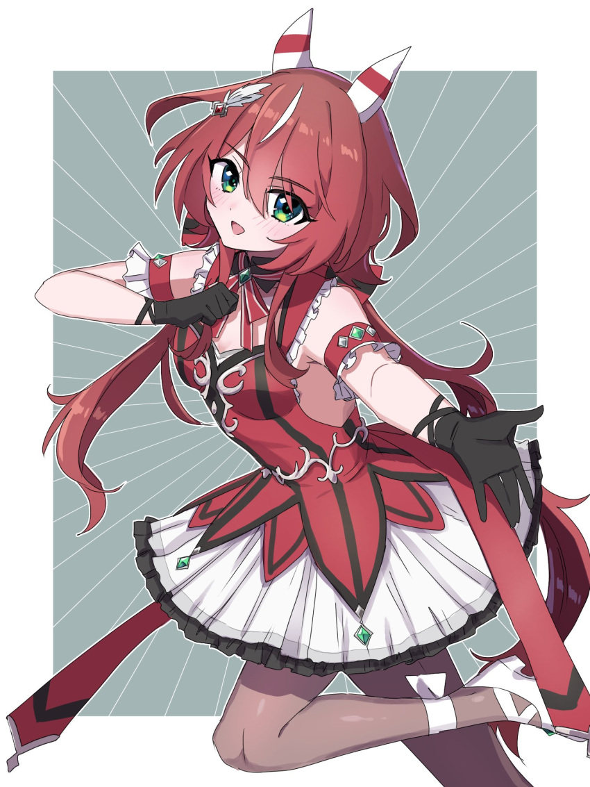 1girl :d animal_ears black_gloves black_pantyhose breasts commission ear_covers feather_hair_ornament feathers frilled_skirt frills gloves green_eyes hair_between_eyes hair_ornament highres horse_ears horse_girl horse_tail leg_up long_hair looking_at_viewer low_twintails mtks119529 multicolored_hair pantyhose redhead skeb_commission skirt small_breasts smile solo streaked_hair tail twintails umamusume white_footwear white_hair white_skirt win_variation_(umamusume)