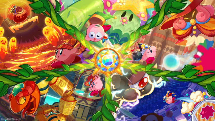 battle beam_kirby blush_stickers bomb bomb_kirby coily_rattler colored_skin copy_ability cowboy_hat explosive fighter_kirby flower flowery_woods forked_tongue hat highres holding holding_bomb holding_sword holding_wand holding_weapon holding_whip jester_cap kashiwa_(ksw04270mochi) kirby kirby:_triple_deluxe kirby_(series) kracko lava one-eyed one_eye_closed open_mouth paint_splatter paintra pink_skin pyribbit solid_oval_eyes sparkle star_(symbol) sun_stone_(kirby) sword sword_kirby tongue tree wand weapon whip_kirby witch_hat