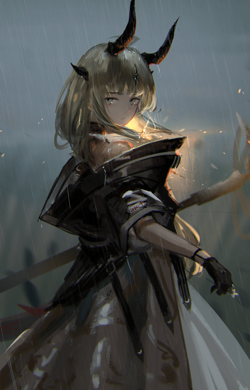 1girl absurdres arknights backlighting black_gloves black_jacket blonde_hair blunt_bangs blurry blurry_background collared_dress dragon_girl dress evening feet_out_of_frame flower from_side gloves grey_dress grey_eyes highres holding holding_flower holding_staff horns jacket lemtun long_dress long_hair long_sleeves looking_at_viewer off_shoulder outdoors overcast rain reed_(arknights) reed_the_flame_shadow_(arknights) sidelocks sky solo staff standing white_flower