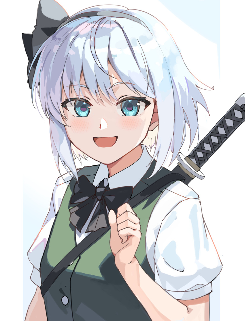 1girl :d absurdres asuka_shirou black_bow black_bowtie black_hairband blue_eyes blush bow bowtie commentary green_vest grey_hair hairband highres konpaku_youmu looking_at_viewer open_mouth short_hair short_sleeves smile solo sword sword_behind_back symbol-only_commentary touhou upper_body vest weapon