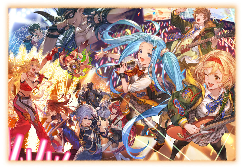 5boys 6+girls alternate_costume alternate_hairstyle arm_up audience band_uniform bass_guitar beatrix_(granblue_fantasy) belt black_belt black_gloves black_hair black_thighhighs blonde_hair blue_bow blue_eyes blue_hair blunt_bangs bow breasts brown_eyes brown_hair cain_(granblue_fantasy) camera cleavage_cutout closed_eyes clothing_cutout colored_skin concert confetti djeeta_(granblue_fantasy) draph dress earrings electric_guitar europa_(granblue_fantasy) eyepatch floating_hair gloves glowstick godsworn_alexiel gran_(granblue_fantasy) granblue_fantasy grey_hair grimnir_(granblue_fantasy) grin guitar hair_between_eyes hair_intakes hair_ornament hat headband highres holding holding_microphone hood hood_down instrument jacket jewelry light_frown long_hair looking_at_another looking_at_viewer loose_socks lyria_(granblue_fantasy) medium_breasts messy_hair microphone minaba_hideo multiple_boys multiple_girls music necklace necktie official_art one_eye_closed open_clothes open_jacket open_mouth overalls parted_bangs pectorals plaid plaid_overalls plaid_skirt pointy_ears ponytail purple_skin red_bow red_gloves redhead reinhardtzar school_uniform screen shiva_(granblue_fantasy) singing skirt small_breasts smile socks sparkle sparks sun_hat thigh-highs thong twintails vyrn_(granblue_fantasy) white_thighhighs zeta_(granblue_fantasy)