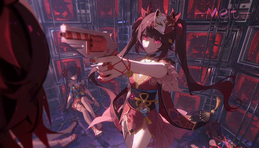 5girls absurdres arm_ribbon arm_up bare_shoulders bell black_choker black_footwear black_sash brown_hair butterfly-shaped_pupils choker closed_eyes closed_mouth crt detached_sleeves dress fingernails floor floral_print fox_mask gun hair_ornament highres holding holding_gun holding_weapon honkai:_star_rail honkai_(series) indoors long_hair long_sleeves looking_at_another mask mask_on_head meirong mole mole_under_each_eye mole_under_eye multiple_girls multiple_moles multiple_persona nail_polish obijime pink_eyes red_dress red_nails red_ribbon ribbon sandals sash sidelocks sitting smile sparkle_(honkai:_star_rail) standing symbol-shaped_pupils tassel teeth television twintails weapon wide_sleeves