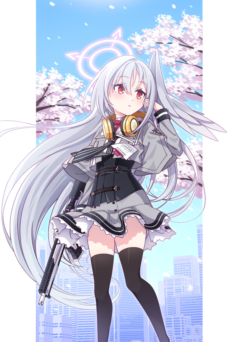 1girl black_thighhighs blue_archive blush cherry_blossoms feet_out_of_frame grey_hair grey_skirt gun hair_between_eyes halo harada_(sansei_rain) headphones headphones_around_neck highres holding holding_gun holding_weapon id_card long_hair long_sleeves parted_lips pink_halo red_eyes skirt solo suzumi_(blue_archive) thigh-highs weapon