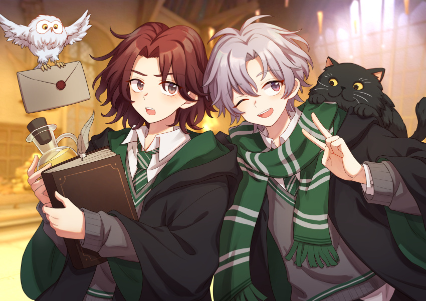 2boys absurdres animal animal_on_back antenna_hair bird bishounen black_cat blurry blurry_background cat curtained_hair daniel_page harry_potter:_magic_awakened harry_potter_(series) highres indoors leaning_forward mail male_focus matako mole mole_under_eye multiple_boys open_mouth owl potion scarf school_uniform shoulder-to-shoulder teeth tongue upper_body upper_teeth_only v white_bird wizarding_world