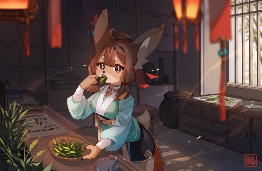 1girl ahoge animal_ear_fluff animal_ears bad_id bad_twitter_id black_eyes blurry blurry_foreground bowl bright_pupils brown_hair counter deer_ears deer_girl deer_tail eating food_in_mouth furry furry_female herb high_ponytail highres indoors kawarage_yatano lantern leaf light_particles mortar_(bowl) original paintbrush pestle plant potted_plant sash shorts solo tail white_pupils window wrist_wrap