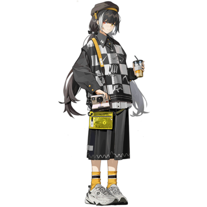 1girl beret black_hair black_hat black_ribbon black_shirt black_skirt black_vest camera checkered_clothes checkered_vest closed_mouth collared_shirt cup disposable_cup drink drinking_straw fu_nengliang_jiegeti full_body girls_frontline hair_ribbon hat heterochromia highres holding holding_cup holding_drink long_hair long_skirt long_sleeves looking_at_viewer low_twintails multicolored_hair musical_note_earrings official_alternate_costume official_art planet_necklace polaroid print_vest red_eyes ribbon ro635_(monochrome_jungle_bird)_(girls'_frontline) shirt shoes simple_background skirt smile sneakers socks solo standing streaked_hair streetwear third-party_source transparent_background twintails very_long_hair vest waist_bag white_footwear white_hair white_shirt yellow_bag yellow_eyes yellow_socks zipper