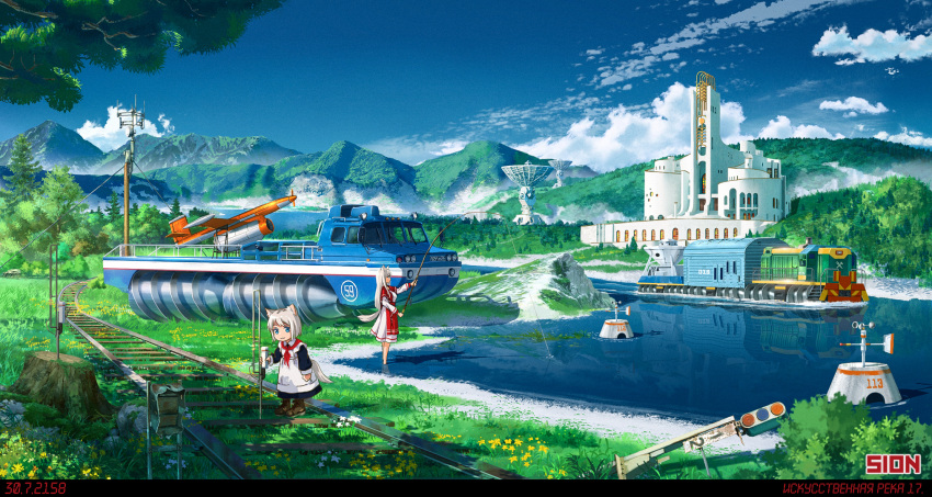 2girls amphibious_ground_vehicle animal_ears apron artist_name blue_eyes boots building buoy child clouds cloudy_sky commentary dress field fishing fishing_rod flower flower_field highres holding holding_fishing_rod jet_engine leather leather_boots mountainous_horizon multiple_girls neckerchief original overgrown railroad_tracks red_apron red_neckerchief reflection reflective_water satellite_dish scenery science_fiction screw-propelled_vehicle sion005 sky soviet tail tree tree_stump wading white_dress white_hair