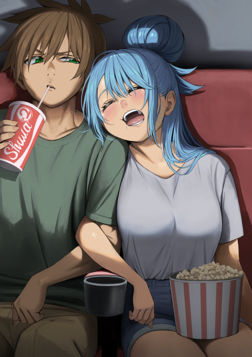 1boy 1girl aqua_(konosuba) arm_hug blue_hair blush breasts brown_hair commentary_request cup denim denim_shorts disposable_cup drinking drooling food green_shirt grey_shirt hair_bun head_rest hetero highres huge_hair_bun izawa_(bhive003) kono_subarashii_sekai_ni_shukufuku_wo! large_breasts leaning_on_person looking_at_another movie_theater popcorn satou_kazuma shirt short_sleeves shorts single_hair_bun sitting sleeping