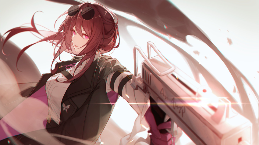 1girl absurdres aiming arm_belt belt black_belt black_jacket blurry blurry_foreground cleavage_cutout clothing_cutout eyewear_on_head floating_hair gun hair_between_eyes highres holding holding_gun holding_weapon honkai:_star_rail honkai_(series) jacket jeanbeansprout kafka_(honkai:_star_rail) long_hair looking_at_viewer multiple_belts open_clothes open_jacket outstretched_arm parted_lips ponytail purple_hair round_eyewear shirt sidelocks solo submachine_gun sunglasses upper_body violet_eyes weapon white_background white_shirt