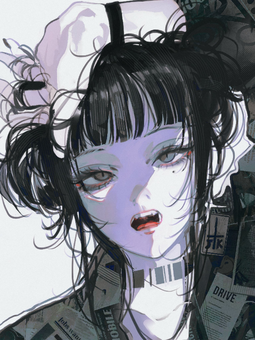 1girl black_choker black_eyes black_hair black_jacket bracelet choker collarbone commentary highres jacket jewelry john_kafka long_sleeves looking_at_viewer mole mole_under_eye necklace open_mouth original short_hair simple_background solo teeth two_side_up upper_body white_background