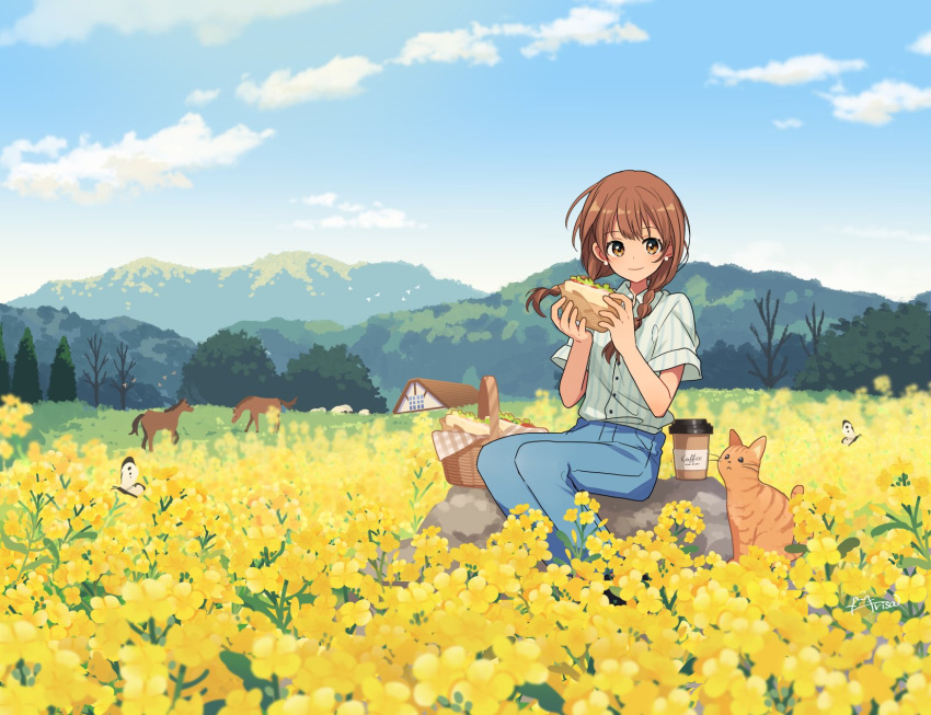 1girl animal arisa_(aren) artist_name bare_tree basket bird blue_pants blue_shirt blue_sky braid brown_cat brown_eyes brown_hair bug butterfly cat closed_mouth clouds coffee_cup collared_shirt commentary_request cup day disposable_cup earrings field floating_hair flower flower_field food highres holding holding_food horse house jewelry long_hair looking_at_viewer low_twin_braids mountain original outdoors pants rock rural sandwich scenery sheep shirt shirt_tucked_in short_sleeves sitting sky smile solo striped_clothes striped_shirt stud_earrings tree twin_braids vertical-striped_clothes vertical-striped_shirt yellow_flower
